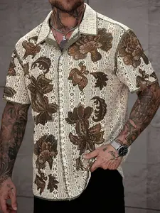Men's Summer Holiday Tropical Floral Hollow Out Knitted Button Front Short Sleeve Shirt, Casual Fashion, Comfortable and Stylish