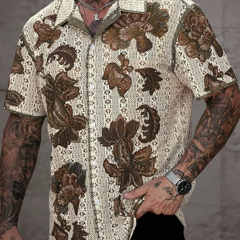 Men's Summer Holiday Tropical Floral Hollow Out Knitted Button Front Short Sleeve Shirt, Aloha Button Shirt, Beachy Shirt, Casual Button Shirts, Casual Loose, Casual Fashion, Comfortable and Stylish