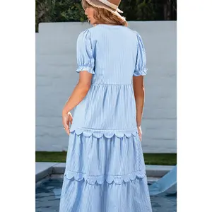 Sky Blue Stripe Bubble Short Sleeve Tiered Scallop Long Dress