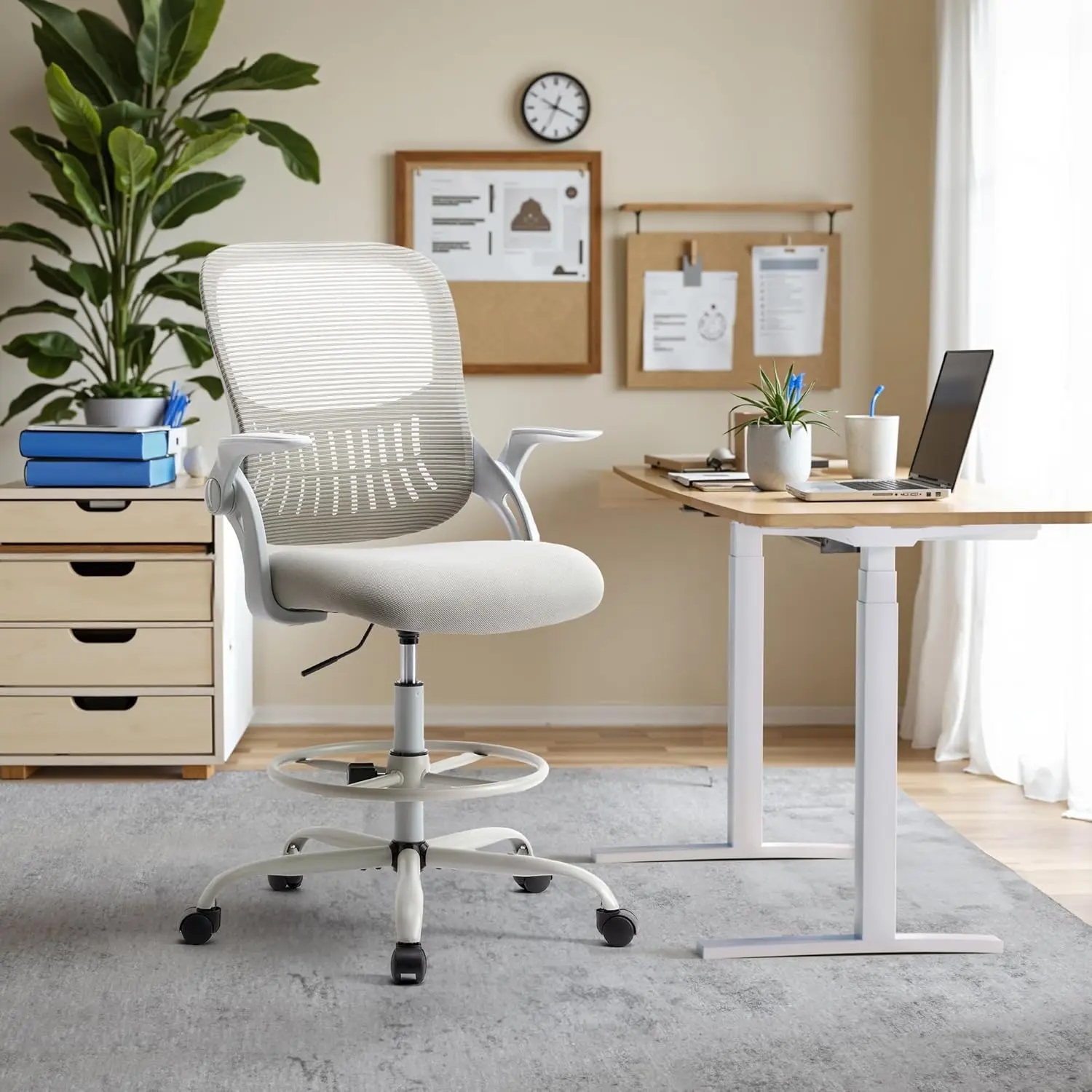 Tall Computer Stool Ergonomic Gray Tall Drafting Chair - Height Adjustable Rolling Swivel ...