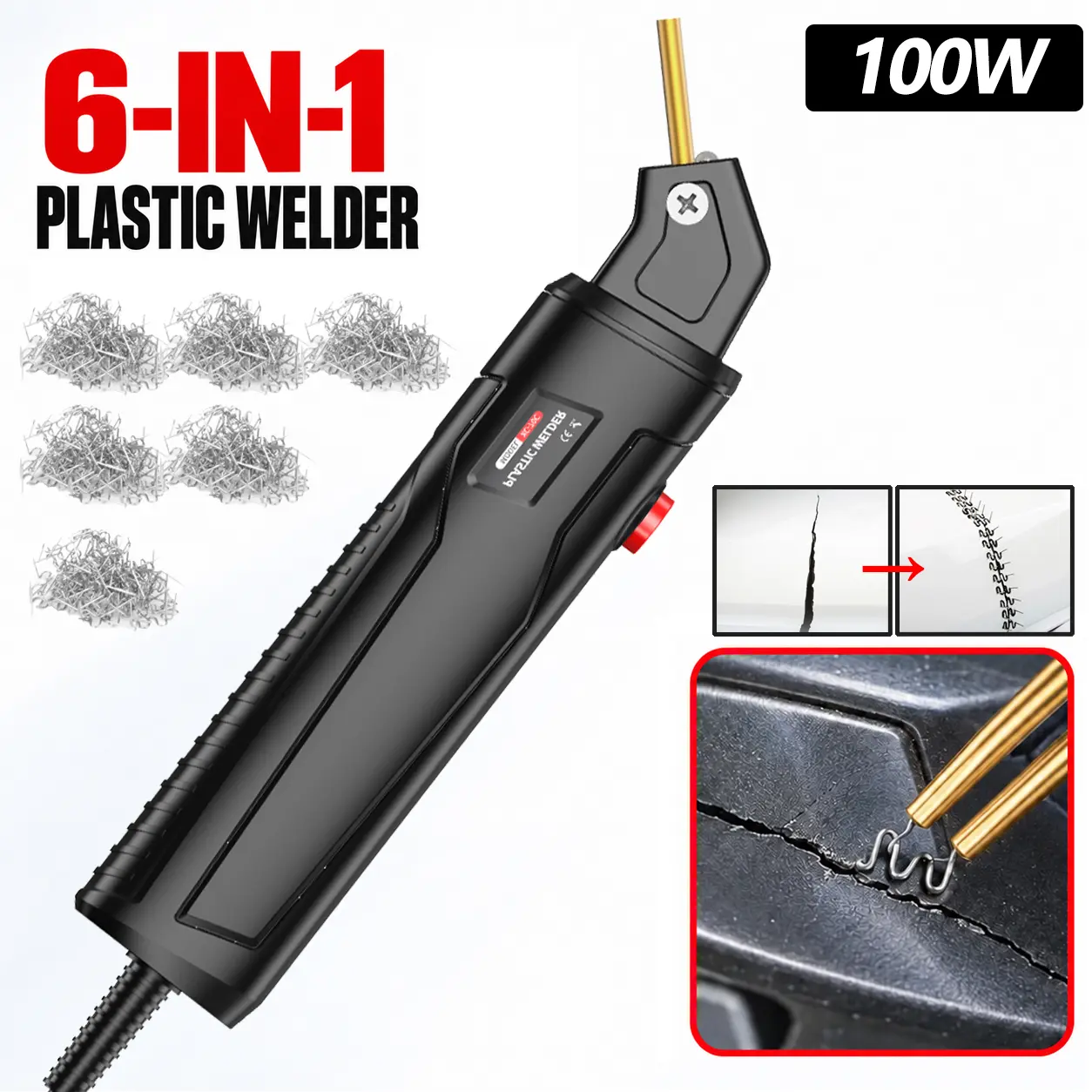 Plastic Welder, Portable Mini 100W Hot Stapler Plastic Welding Kit with 200/1000 Pcs Stainless Steel Welding Nails, 110V US Plug Plastic Repair Tool for Car Bumper, Dashboard and Plastic Cracks