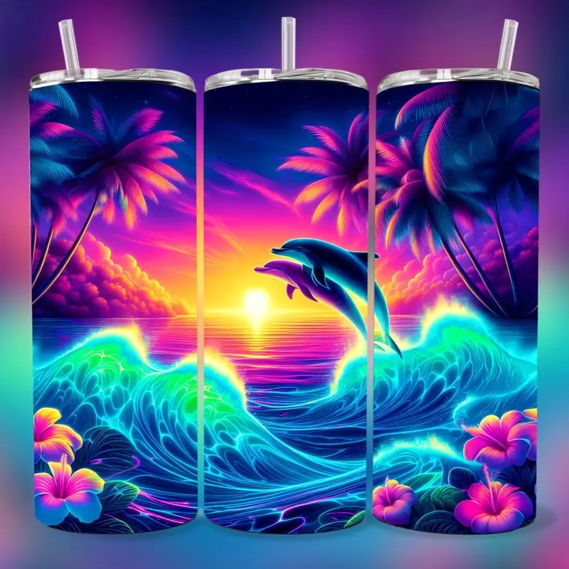 Neon Dolphins 20 oz Tumbler - BPA Free, stainless steel, Leak proof, durable, with clear lid