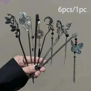 Vintage Chinese Style Hairpin Set, 6pcs Butterfly & Floral Metal Hair Sticks with Tassel, Elegant Goth Hair Accessories for Hanfu & Daily Wear