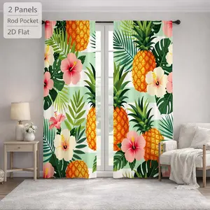 2Pcs Tropical Pineapple Hibiscus Flower Leaf Pattern Sun Blocking Curtains Digital Printed Rod Pocket, Window Treatment For Bedroom Office Kitchen Living Room Study Home Decor