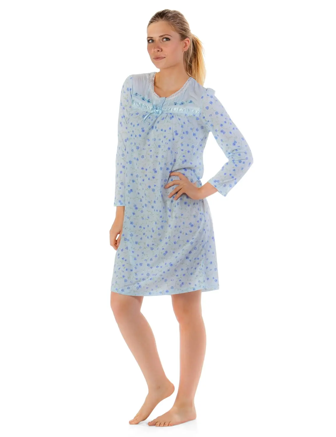 Casual Nights Women's Plus Size Relaxed Fit Cotton-Blend Nightwear Set - 2X,3X,4X Lightweight Satin Crew Neck Long-Sleeve Pullover Nightie & Lace Ruffled Floral Embroidered Button-Closure Robe Gown for Lady, Everyday Hospital Use, All-Year Print Sleepwear