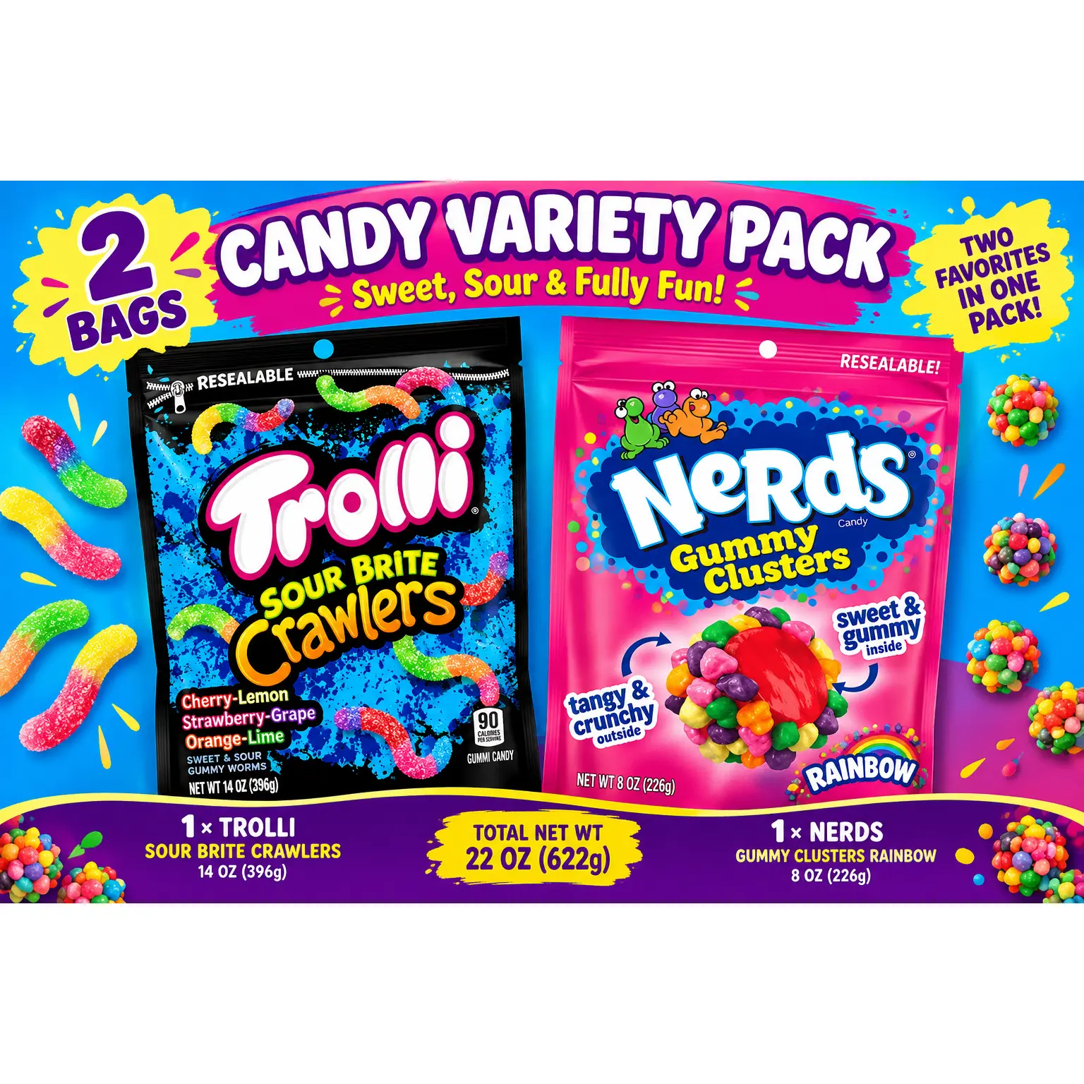 Trolli & Nerds Candy Variety Pack - 2 Bags of Sour Brite Crawlers & Gummy Clusters - Sweet Sour & Fully Fun - 22 oz Total Net Weight