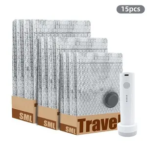 Cordless Travel Vacuum Storage Compression Bag Set, 15-Pack in 3 Sizes, Powerful 140L/Min Air Removal, USB Rechargeable Portable Pump with Built-In Battery, Waterproof & Reusable Space Saver for Clothes, Luggage & Home Organization