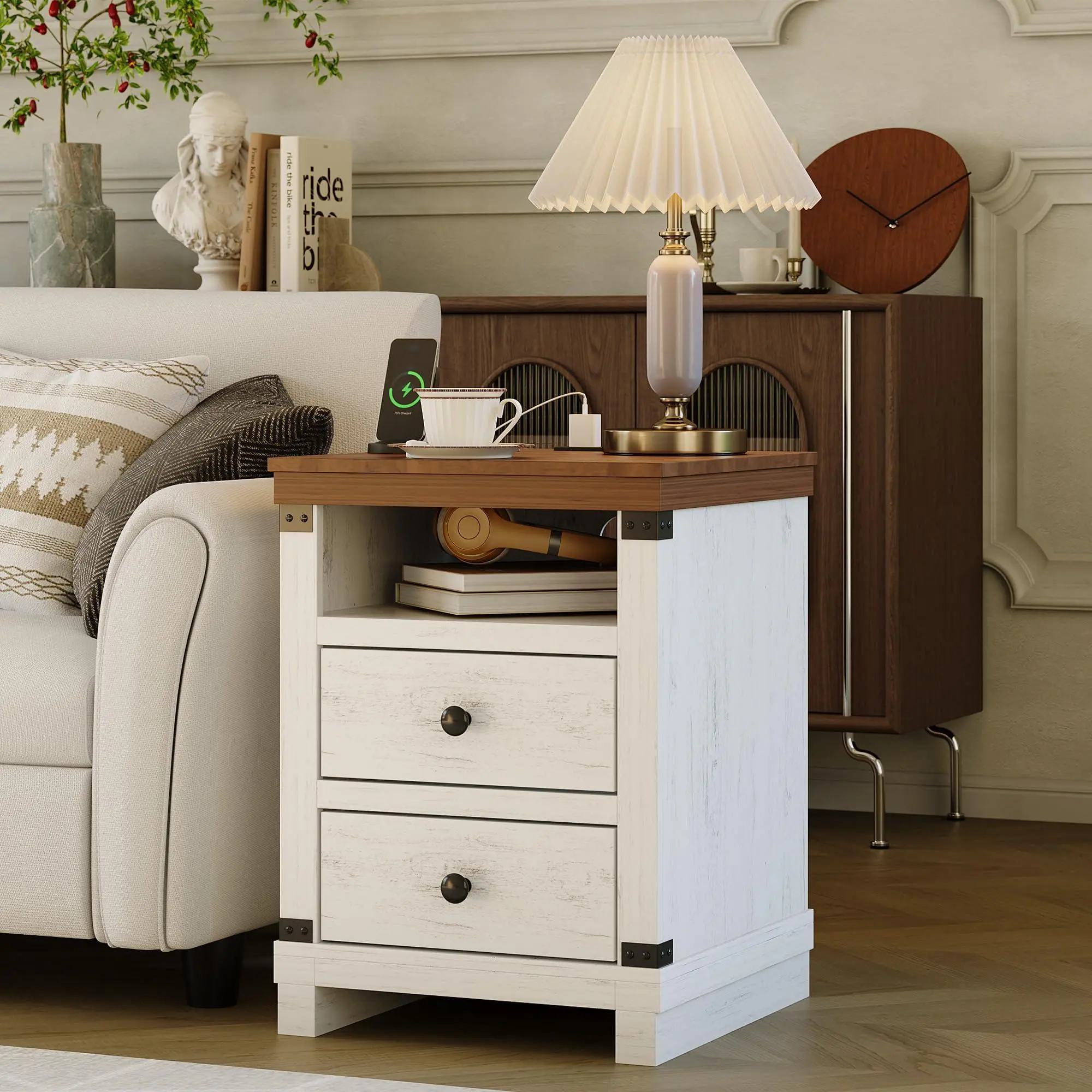 2-Piece Farmhouse Nightstand Set with Charging Station, Modern Rustic Large Bedroom Bedside Table with 2 Drawers, Open Shelf, USB Ports & AC Outlets for Small Spaces, White