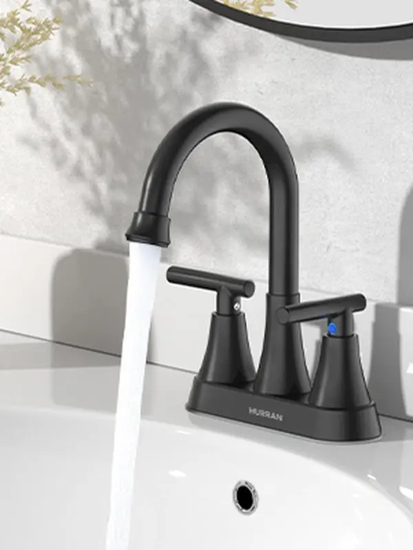 Hurran Modern 4-Inch Centerset Bathroom Faucet, 2-Handle Lead-Free Metallic Stainless Steel Tap with Fingerprint-Resistant Finish, 20% Water-Saving, Matte Black Installation Kit & Stainless Steel Pop-Up Drain (Suitable for Laundry Rooms)