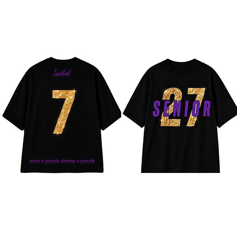 Oversized Personalized Print Senior 2 Graduation Short-Sleeve Tshirt - Custom Name&Number, Loose Round Neck, Black/Gold/Purple, Stylish Casual Festive Streetwear Sports Top, Thoughtful Grad Gift for Outdoor Use