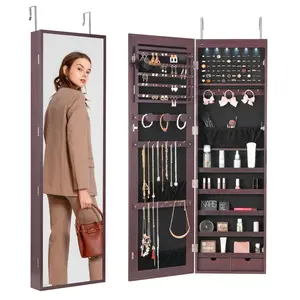 VEVOR Mirror Jewelry Cabinet,  47.05-Inch Tall Lockable Jewelry Cabinet Armoire with Full-Length Mirror, Wall or Door Mounted Jewelry Mirror Organizer with LED Interior Lights and Velvet Lining, Brown