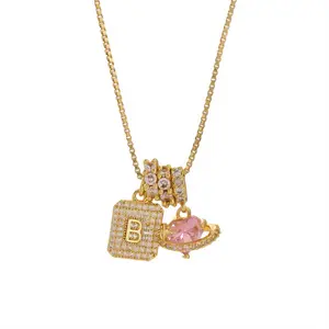 Gilded Box Chain Necklace with Sparkling Initial Letter Pendant and Pink Crystal Accent Costume Jewelry