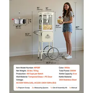 VEVOR Popcorn Machine with Cart, 8oz Stainless Steel Kettle, 800W Commercial Popcorn Maker, 48 Cups per Batch Theater Style Popper, with 2-Button Control Glass Wall PC Door 1 Scoop 3 Spoons, White