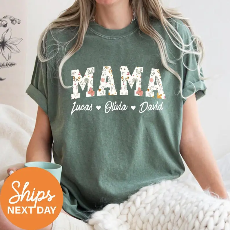Personalized Floral Mom Shirt With Kids Names, Custom Retro Mama Tee, Mothers Day Shirt, Flower Clothing