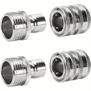 4PCS Set 3/4 Inch GHT Stainless Steel Hose Quick Connect Set Brass Water Hose Fittings Heavy Duty Quick Release Connector for Garden Bathroom Hose and Sprayers Home Supplies