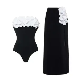 Women's 3D Flower Bandeau One-Piece Swimsuit & Skirt Set - Black & White Two Piece Bathing Suit for Stylish Beach & Vacation