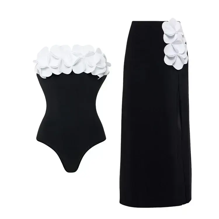 Women's 3D Flower Bandeau One-Piece Swimsuit & Skirt Set - Black & White Two Piece Bathing Suit for Stylish Beach & Vacation Women's 3D Flower Bandeau One-Piece Swimsuit & Skirt Set - Black & White Two Piece Bathing Suit for Stylish Beach & Vacation
