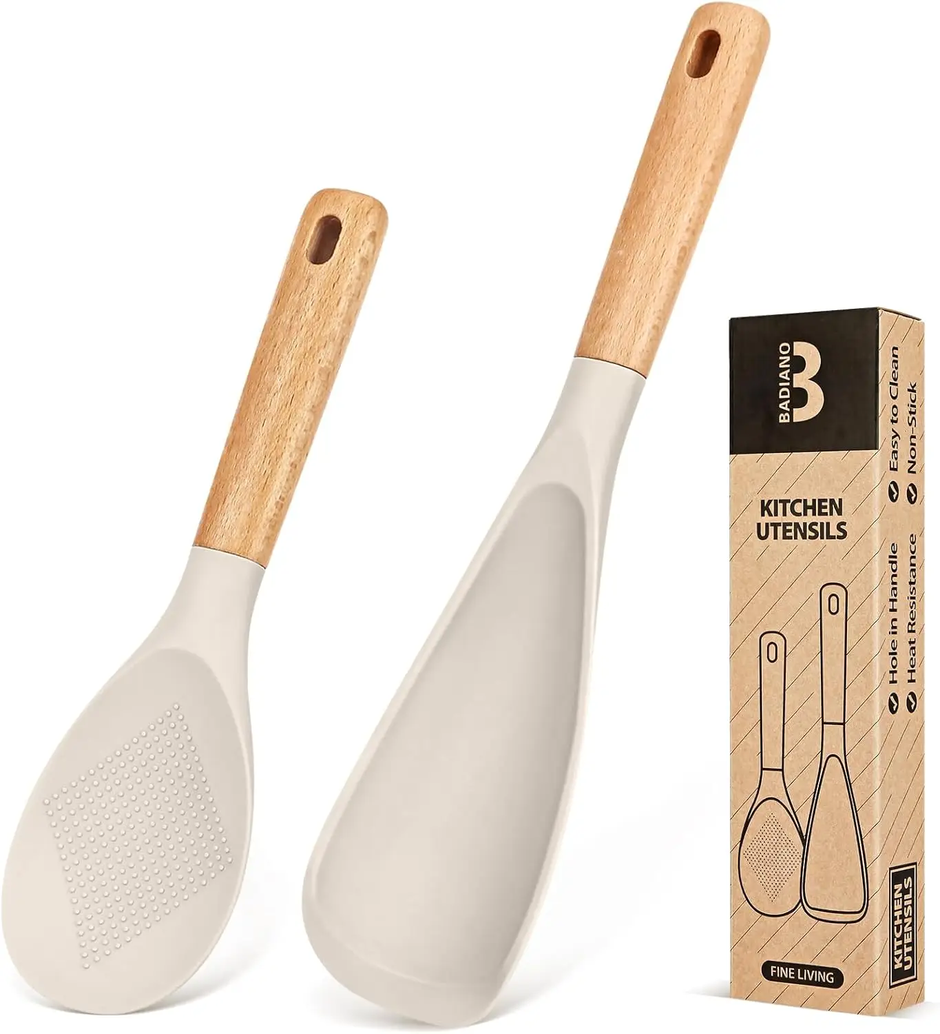 BADIANO Cooking Spoon and Rice Scooper for Nonstick Cookwares, Great for Cooking and Serving Durable BPA-Free Matte Silicone, Wood Handle Spoon for Mi