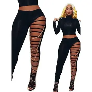 Women's Skinny Black Leggings with Chain Accents - Sexy Cutout Ripped Design, Mid-Waist, Stretchy Full-Length Pants, Polyester, Machine Washable Womenswear Bottom