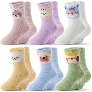 X-SOK14   Girls Kids Toddlers Fuzzy Grips Socks Non Slip Cozy Fluffy Warm Winter Crew Cabin Fun Slipper Socks 6 Pairs