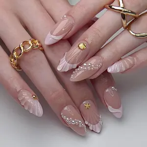 24pcs French Manicure Set, Nude Almond Shape Nails, Glossy Gel Stripes with Pearl Gold Starfish Shell, Nail Art Design, Perfect for Women and Girls, Nail Kit Set