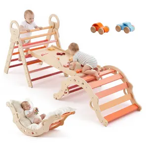 VEVOR Pikler Triangle Set, 9-in-1 Toddler Climbing Toys Indoor, with 2 Wooden Cars, Cushion, Triangle, Arch, and Ramp, 150 lbs Load, Foldable Montessori Climbing Set for Toddlers and Kids, Orange