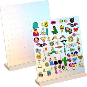 Pack of 2 Clear  Enamel Pin Display Stand with Wooden Base, Tabletop Pin Organizer Display Storage Stand, Enamel Pin Display Holder for Award Badges Pins Collectible, hold Up To 132 Pins