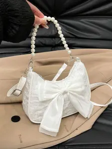Cute Versatile Crossbody Bag with Bow Pearl Nylon Zipper, Adjustable Shoulder Strap, Suitable for Daily Use, School, Travel