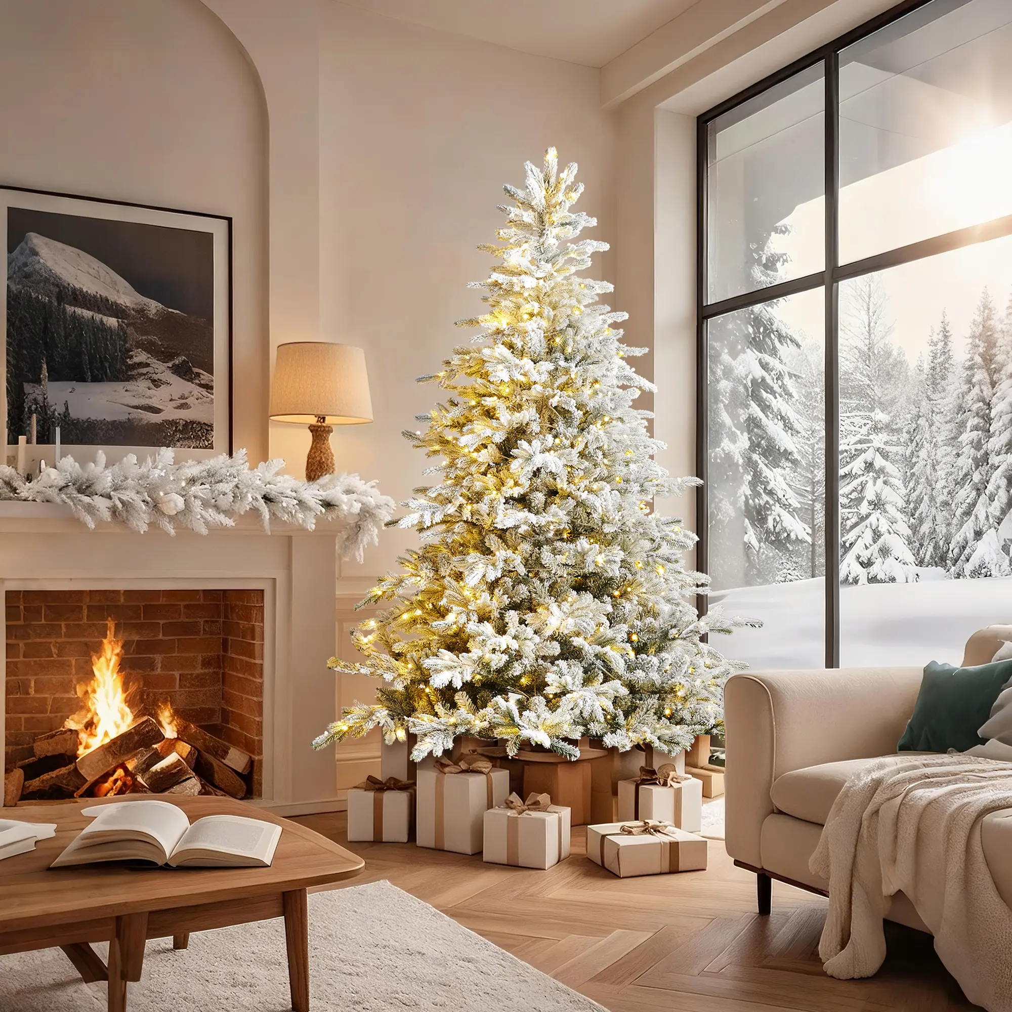 Glitzhome 7.5ft/9ft Pre-Lit Flocked Full Fir Artificial Christmas Tree with Warm White/Multicolor LED Lights, 9 Function w/Foot Pedal