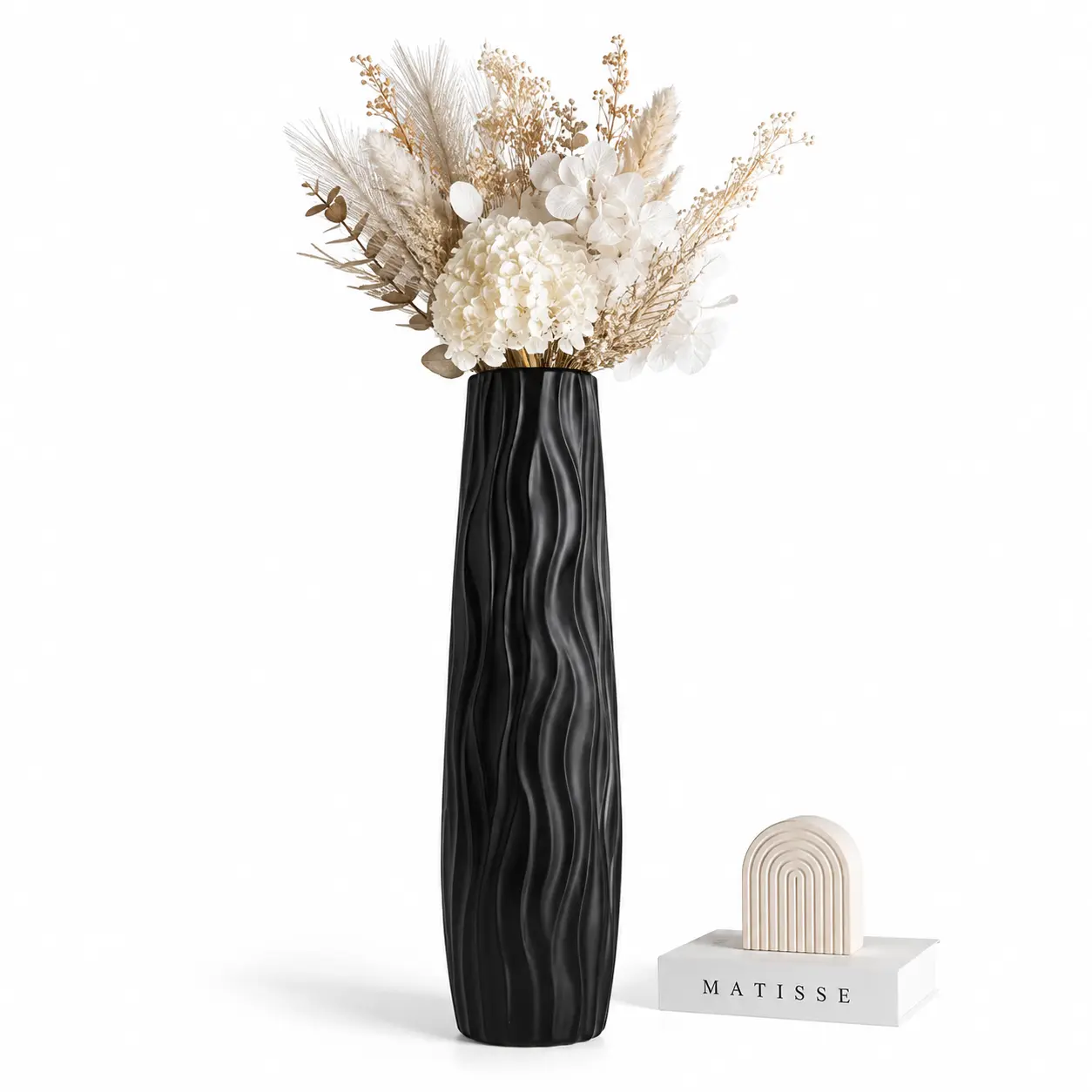 58cm Lightweight Matte Black Plastic Wavy Textured Floor Vase - Industrial Farmhouse Tall Standing Decor Vase for Dried Branches, Floral Ornaments, Entryway Living Room Home Decor