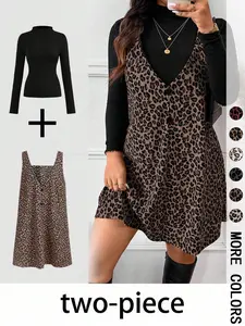 Valentine's Day Women's High Neck Inner Layer + Leopard Print Strap Skirt Set, Casual Daily Spring Autumn Commuter, Two-Piece Ensemble