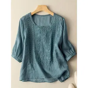 Women's Soft Cotton Linen Embroidered T-Shirt - Breathable, Skin-Friendly in Various Colors and Sizes