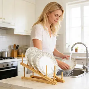 SURUIHK 2 PCS Wooden Dish Rack Bamboo Drying Rack Stand Pot Lid Holder Kitchen Cabinet Organizer for Dish Plate Bowl Cup Pot Lid Cutting Board Light Brown