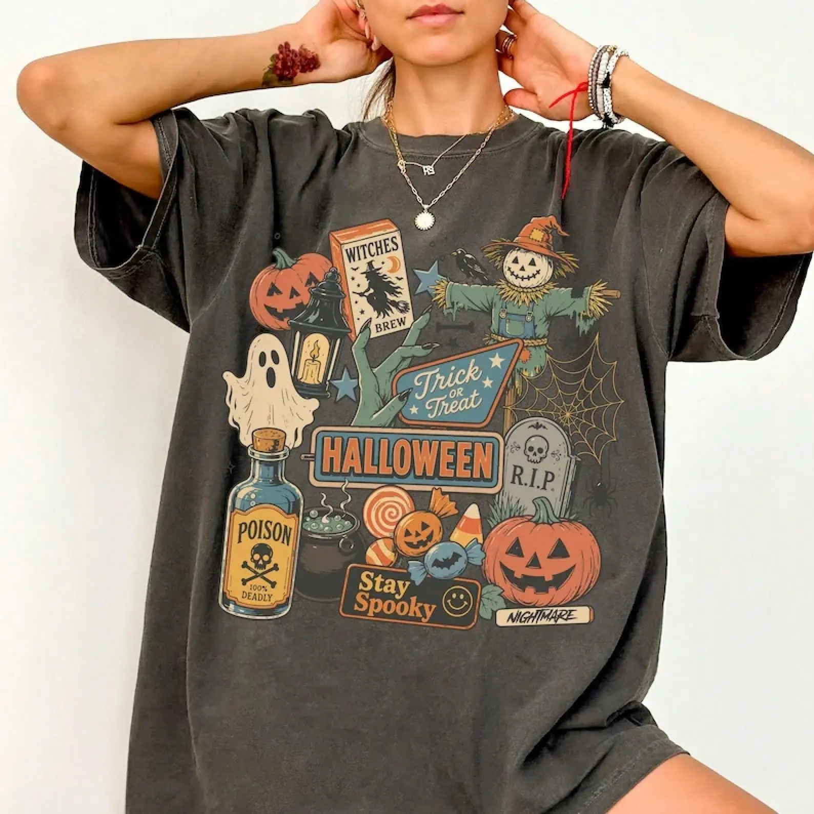Vintage Washed Dark Grey Stay Spooky Halloween T-Shirt, Trick Or Treat Retro Collage Ghost Pumpkin Scarecrow Graphic Tee, Aesthetic Fall Spooky Season Holiday Top