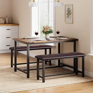 3-Piece Dining Table Set with Upholstered Benches, Space-Saving Kitchen Table Set for 4, Rectangular Dining Room Table for Apartment Small Space, Easy to Clean & Assemble, Rustic Brown
