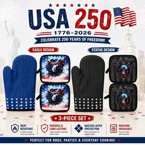 USA 250th Anniversary Oven Mitt & Pot Holder Set 3-Piece – Patriotic Heat Resistant Kitchen Set, Quilted Lining, Machine Washable, 4th of July BBQ Gift Insulation