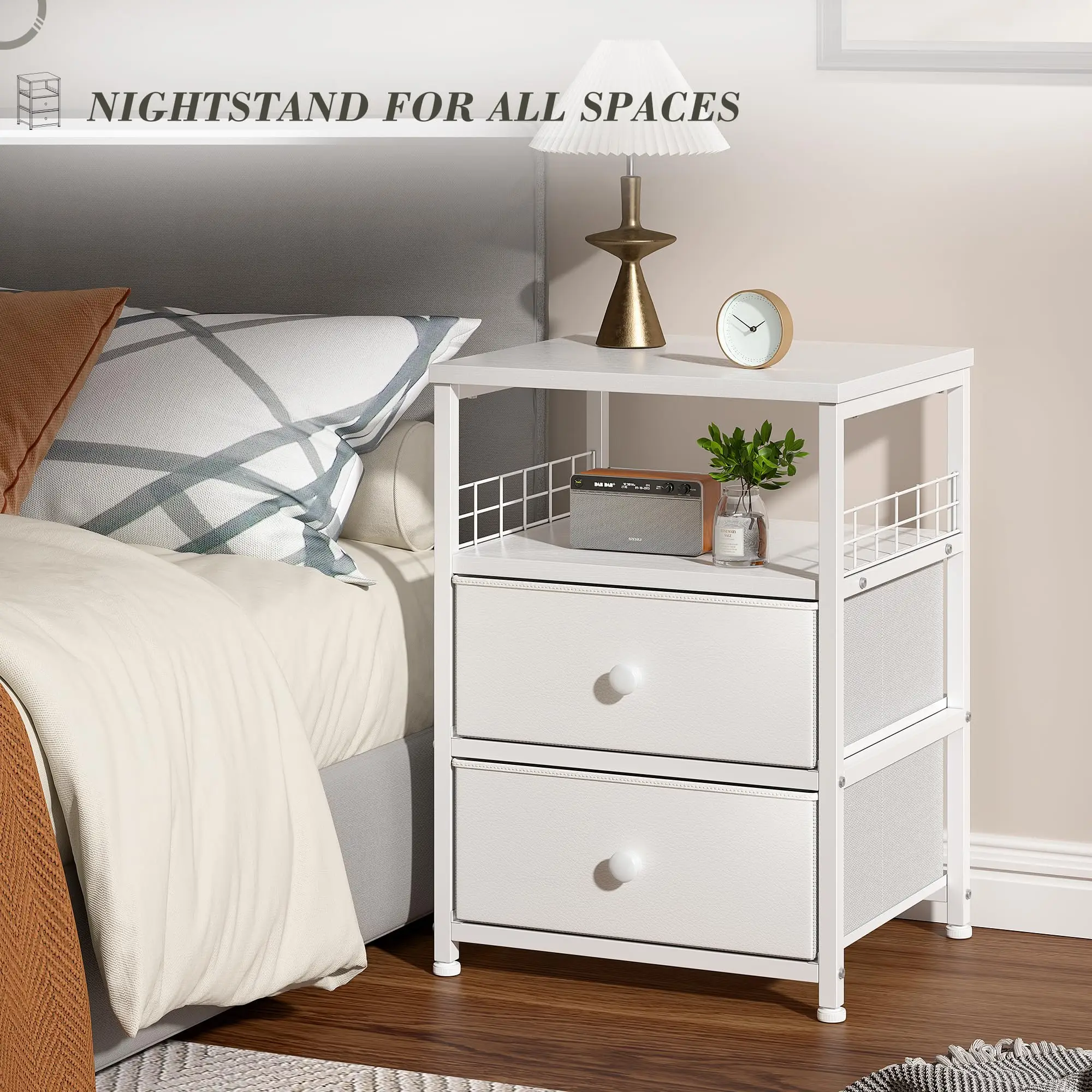 【TikTokShopLaborDaySale】 RaybeeFurniture White Nightstand, Bedside Table Drawers and Open Wood Shelf Storage, Modern Bed Side Table, Night Stand for B