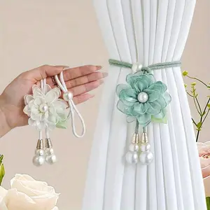 2-Pack Elegant Pearl Flower Curtain Tiebacks, Adjustable Flexible Decorative Curtain Holders, Romantic Garden-Style Home Decor, Easy-to-Install for Window Drapes