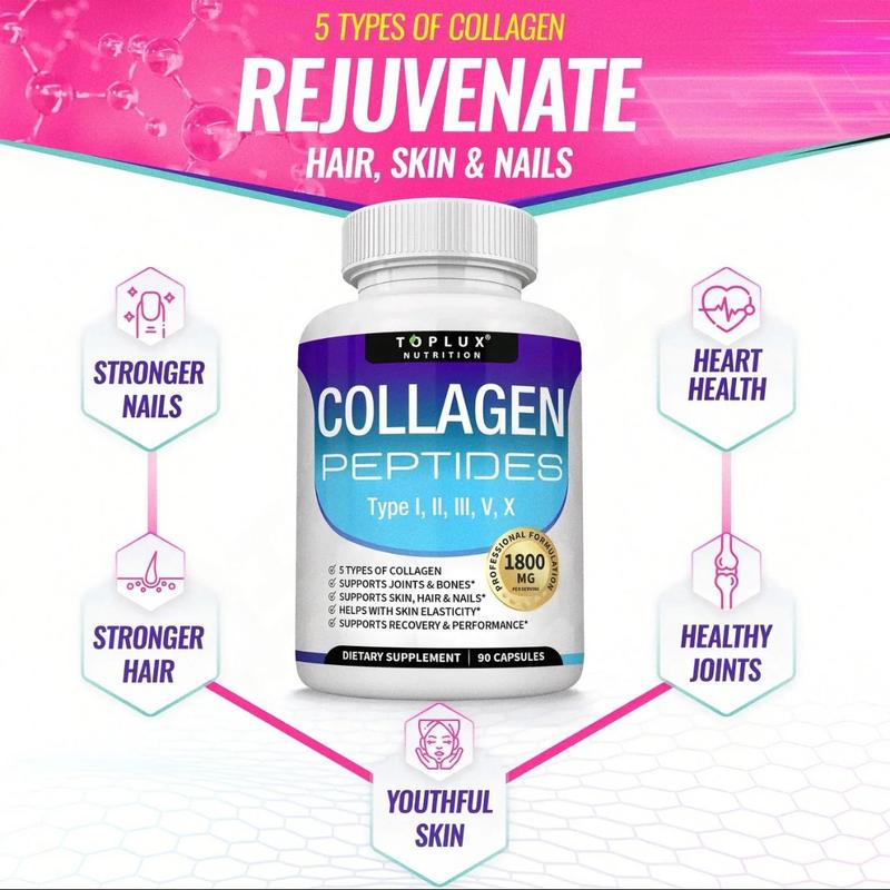 Toplux 5 - Type Collagen Peptides | 1800mg, US- Made| 90 Caps for Radiant Skin, Strong Nails & Joint Health Healthcare Supplement Colagen Edible Fitness Dietary Beauty