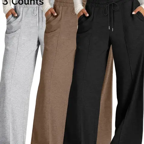 Women's High Waist Drawstring Wide Leg Pants, Casual Elastic Waist Long Trousers with Pockets, All Seasons Wearable Home Clothes, Women's Affordable Pajamas, Loungewear