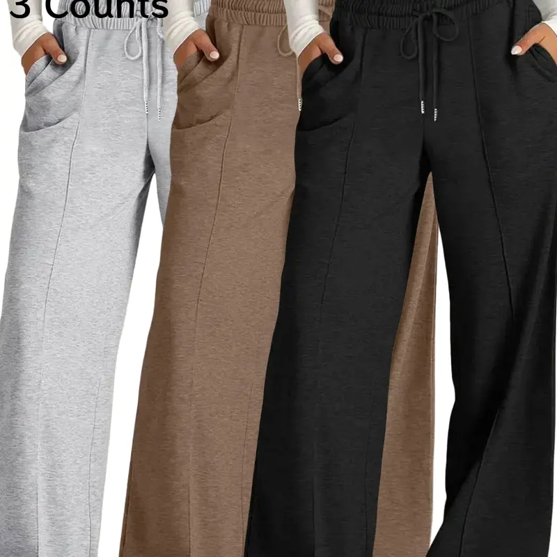 Women's High Waist Drawstring Wide Leg Pants, Casual Elastic Waist Long Trousers with Pockets, All Seasons Wearable Home Clothes, Women's Affordable Pajamas, Loungewear