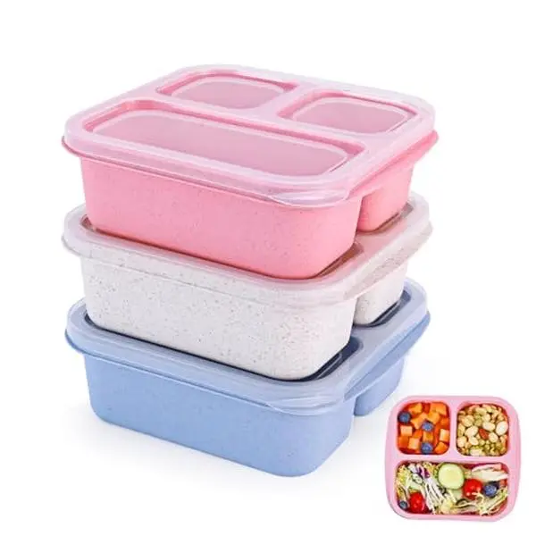 3-Pack Lightweight Plastic Bento Snack Containers with 3 Compartments & Lid, Reusable BPA-Free Nestable Tableware Lunch Boxes for Kids, School, On-the-Go