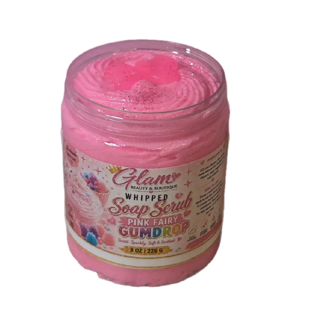 Pink Fairy Gumdrop Whipped Foaming Sugar Scrub Jar - Body Polish Cleanser for Adults, Mild Natural Shea Butter Formula, Exfoliates, Moisturizes, Restores, Smoothes All Skin Types, Handmade Year-Round Use, Moisturizing, Sensitive Skin