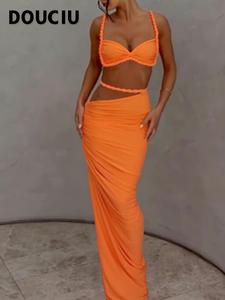 women's plain twist ruched crop sleeveless cami top & skirt two-piece set, solid sleeveless crop spaghetti strap top & long skirt, ladies summer clothes for beach holiday vacation, womenswear, cute two piece sets