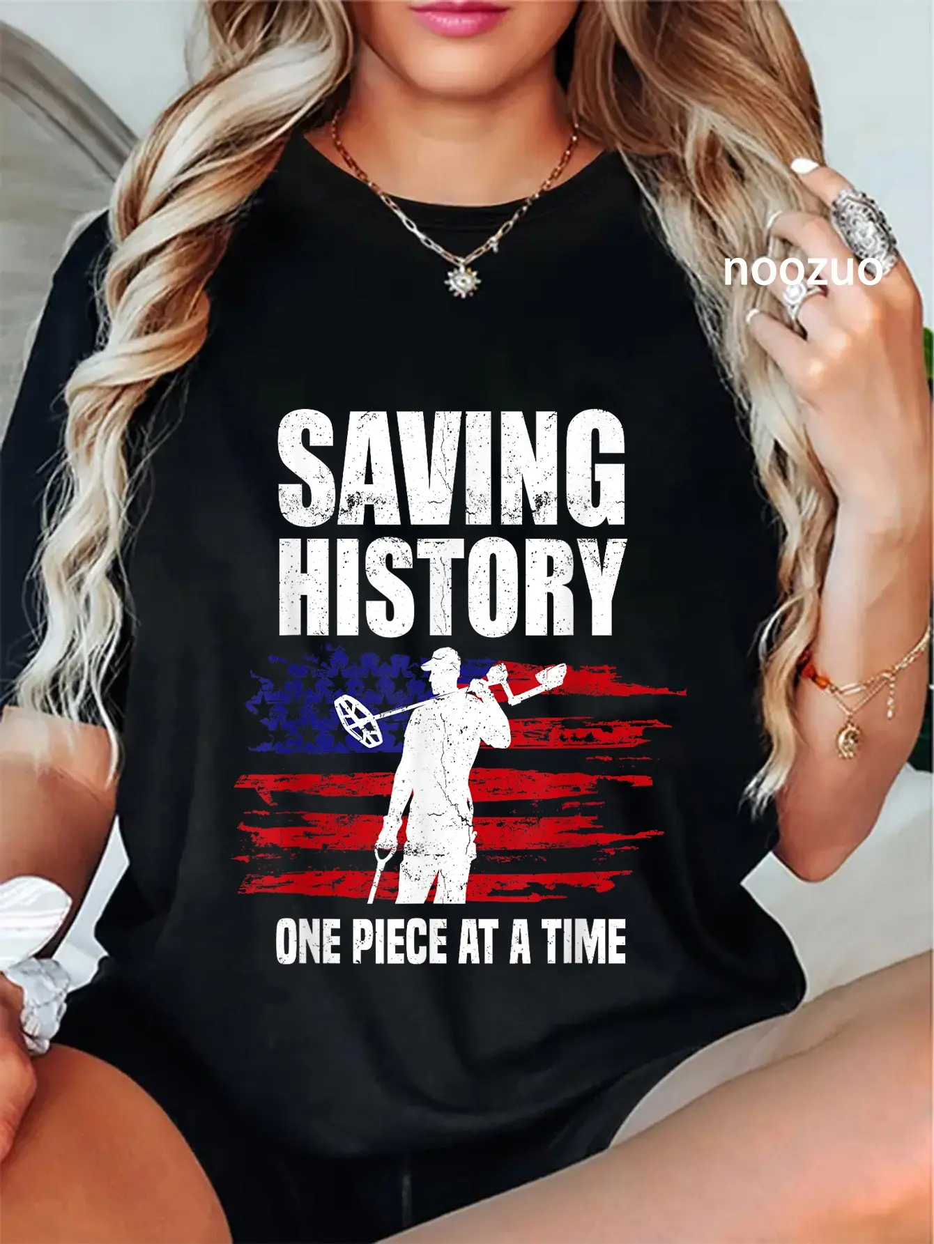 100% Cotton Saving History American Flag USA Funny Metal Detecting T-Shirt