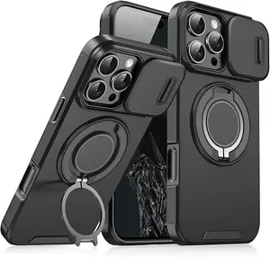 Case with Slide Camera Cover for iPhone 16 15 14 13 12 Pro Max, Rotated Ring Kickstand Military Grade Shockproof Protective Cover Rugged Heavy Duty For Men Women