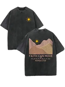 Faith Can Move Mountain Unisex Washed Christian Shirt, Christian Scripture T-Shirt, Vintage Retro Washed Shirt Double Sided Printed (230 Heavyweight Pure Cotton T-Shirt)  High Quality Christian T-Shirt, Christian Gifts, Men's And Women's Sh vintage t-shir