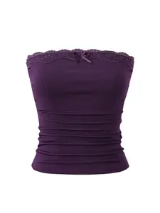 Women's Ribbed Lace Trim Tube Top Strapless Top Bandeau Cropped Tops for Daily Wear, Ladies Clothes for All Seasons
