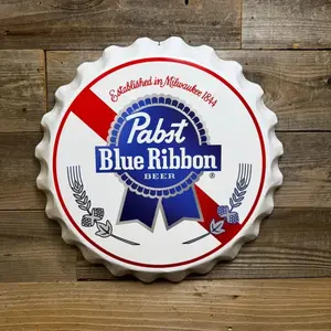 Pabst Blue Ribbon Metal Bottle Cap Wall Sign, 13.7” Vintage Pbr Beer Sign, Rustic Bar Mancave Decor, Scalloped Edge Metal Pabst Decor