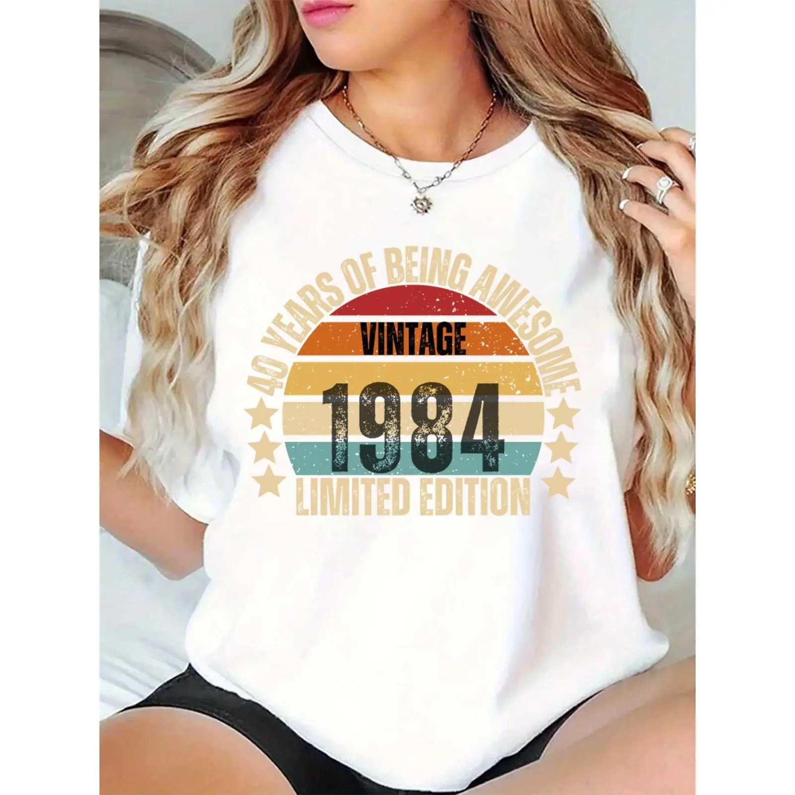 Women's Vintage 1984 100% Cotton Regular Fit Round Neck T-Shirt - Retro Prints, Feminine Elegant Top for 40th Birthday Party, Limited Edition Ladies Essential, Tshirt, Simple